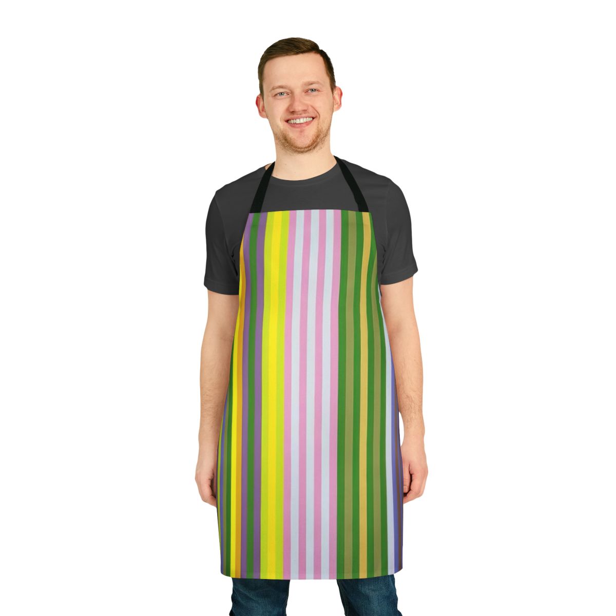 Vibrant abstract art pattern on an apron, inspired by the work of American artist Gene Davis.