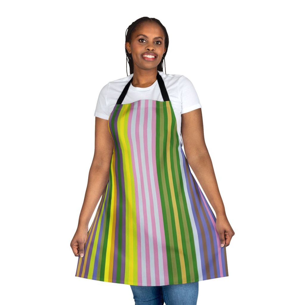 Vibrant abstract art pattern on an apron, inspired by the work of American artist Gene Davis.