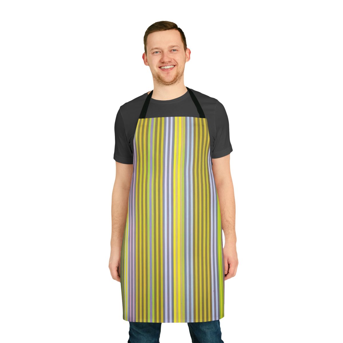 Apron featuring a vibrant abstract painting style inspired by the work of artist Gene Davis