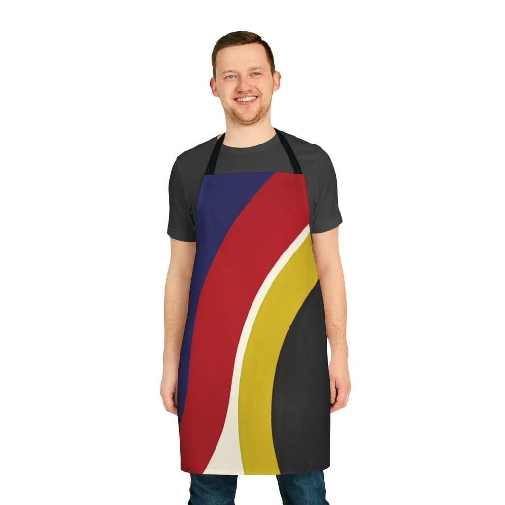Colorful abstract apron featuring dot patterns and optical illusions, inspired by the artwork of American painter Thomas Downing.