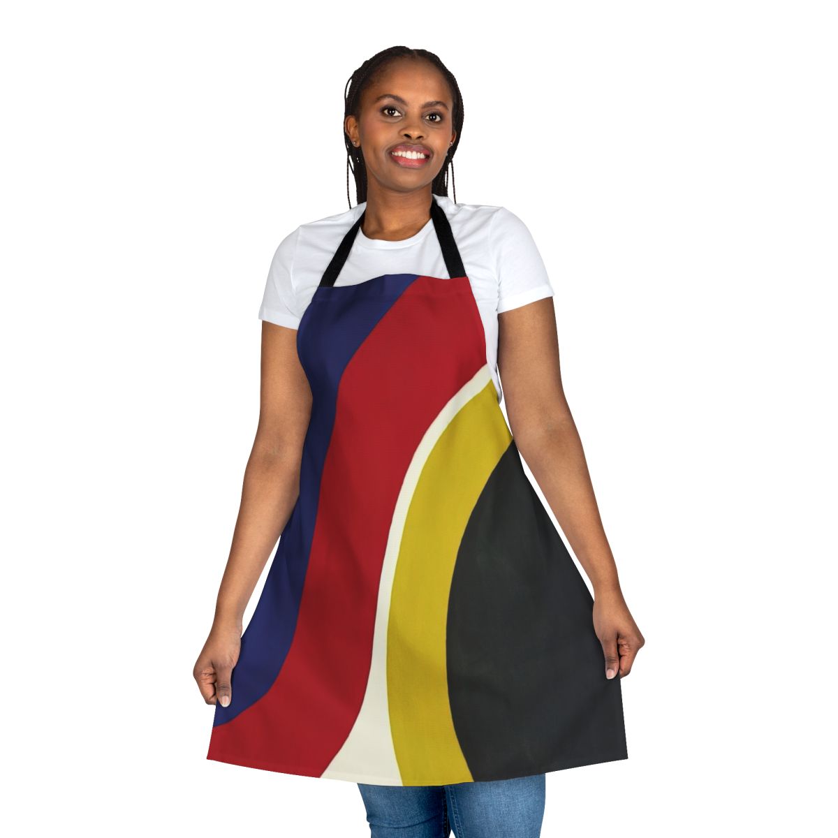 Colorful abstract apron featuring dot patterns and optical illusions, inspired by the artwork of American painter Thomas Downing.