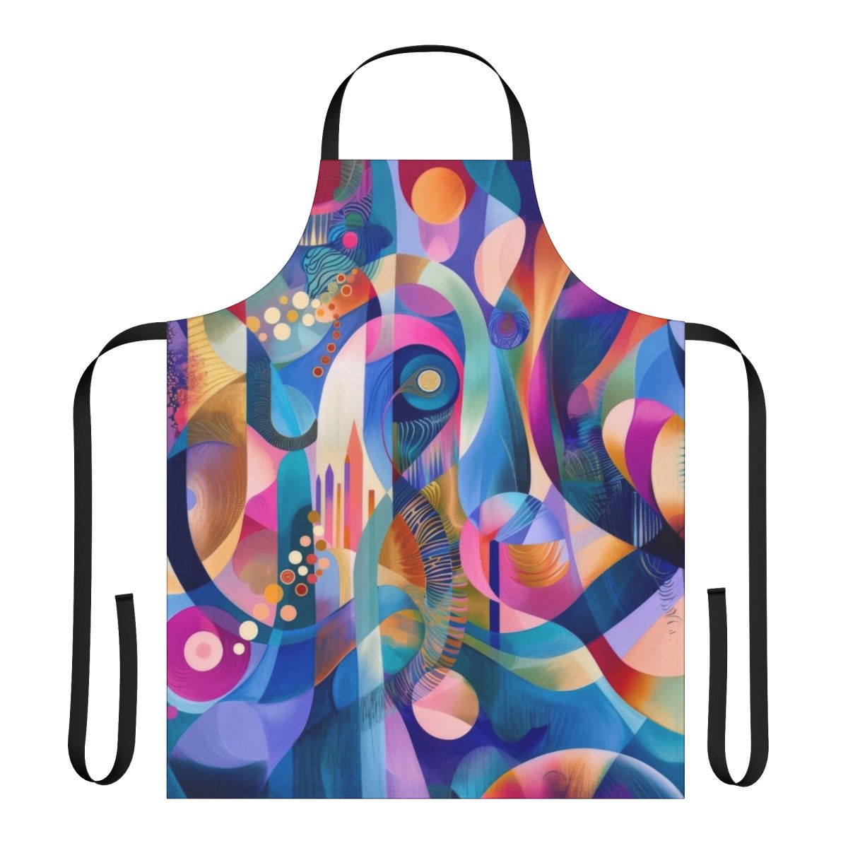 Colorful abstract art apron featuring bold geometric shapes and fluid, dynamic designs