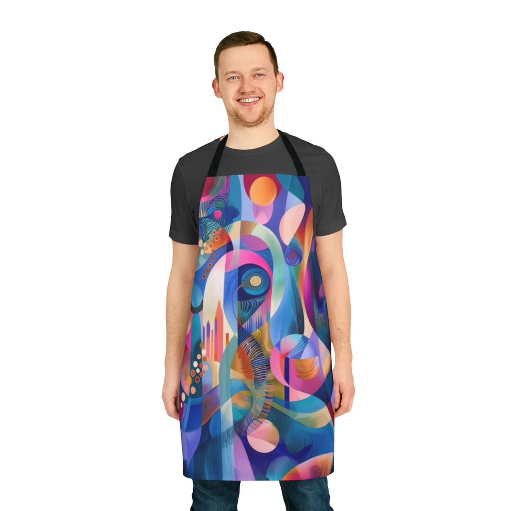 Colorful abstract art apron featuring bold geometric shapes and fluid, dynamic designs