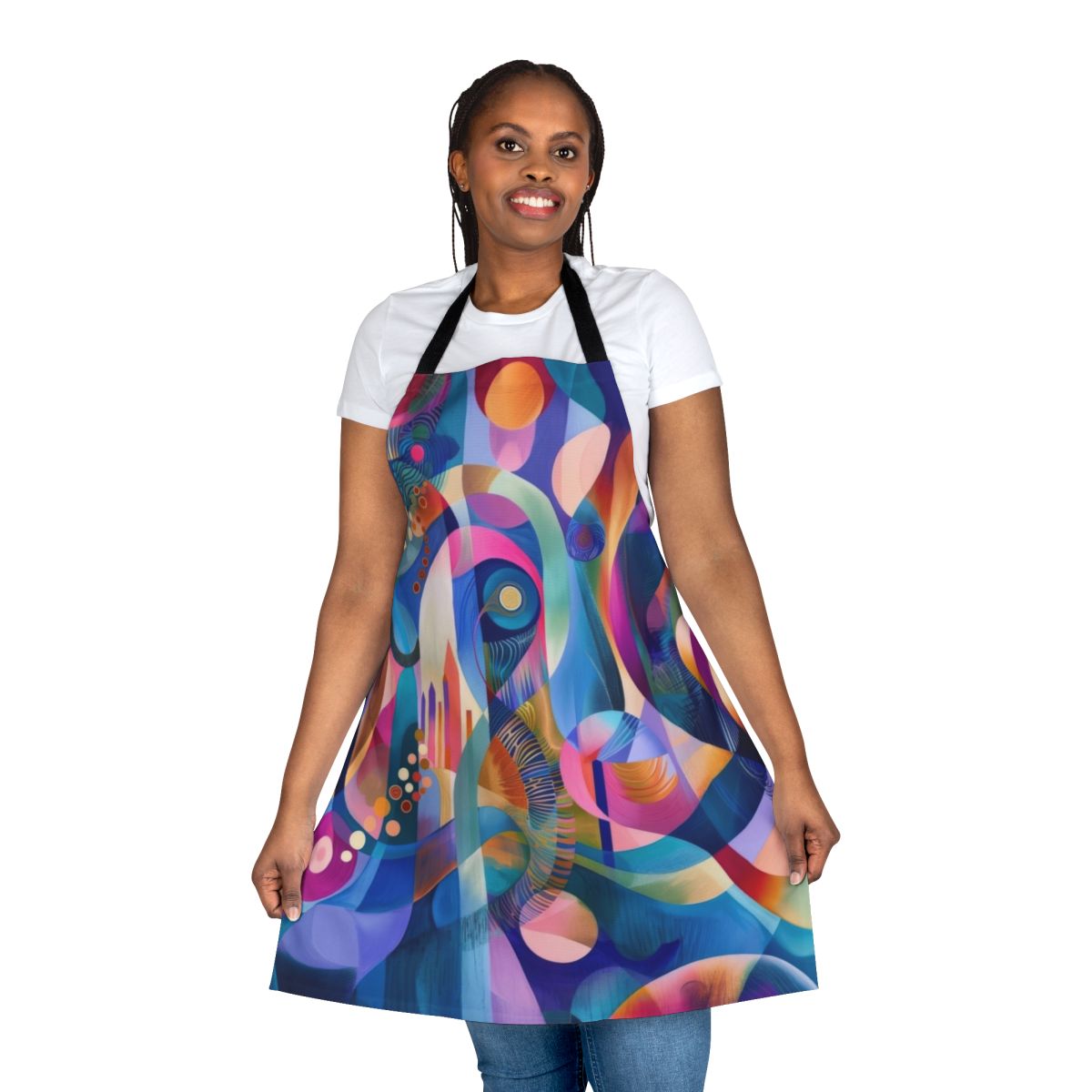 Colorful abstract art apron featuring bold geometric shapes and fluid, dynamic designs