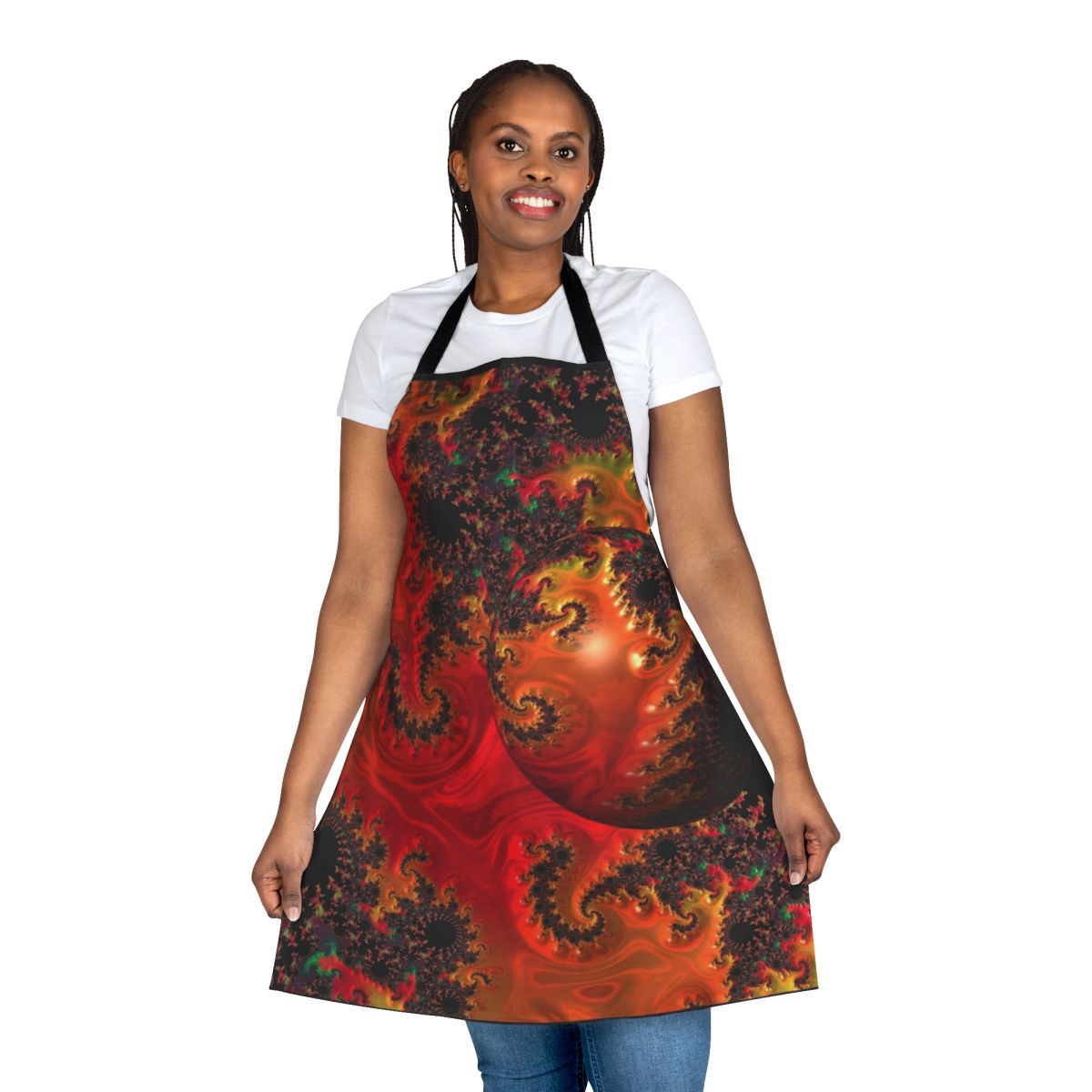 Colorful abstract art apron featuring mandelbrots, fractals, and spherical patterns