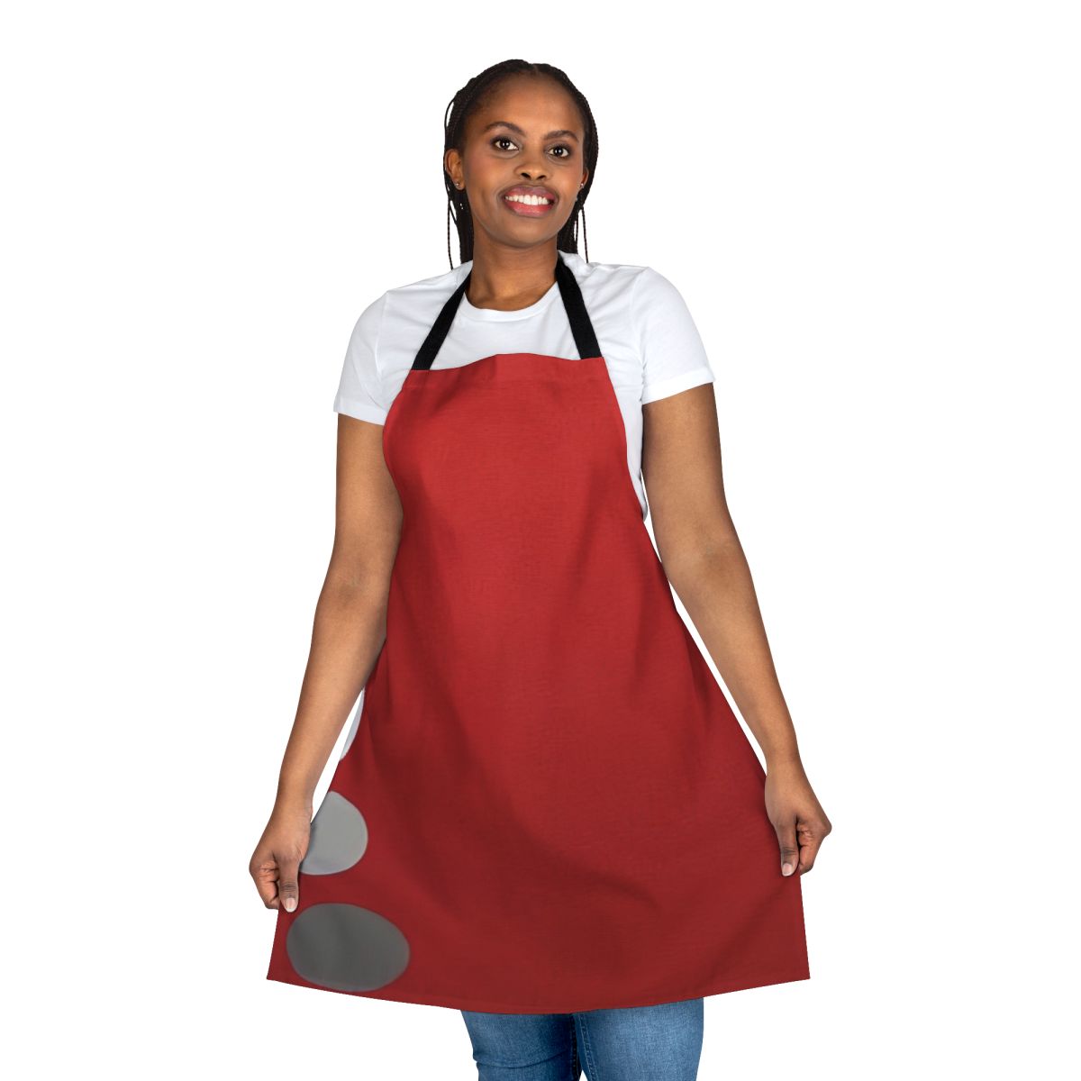 Vibrant abstract art apron with dot patterns and geometric shapes, inspired by the work of American painter Thomas Downing.