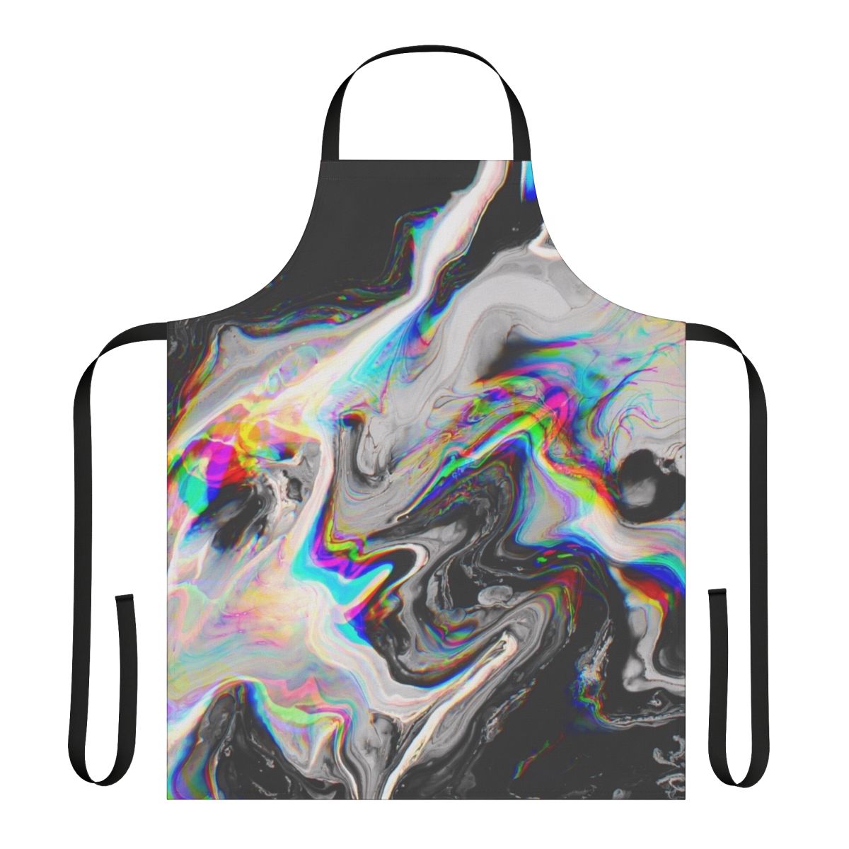 Colorful abstract art pattern printed on an apron with a trippy, psychedelic design.