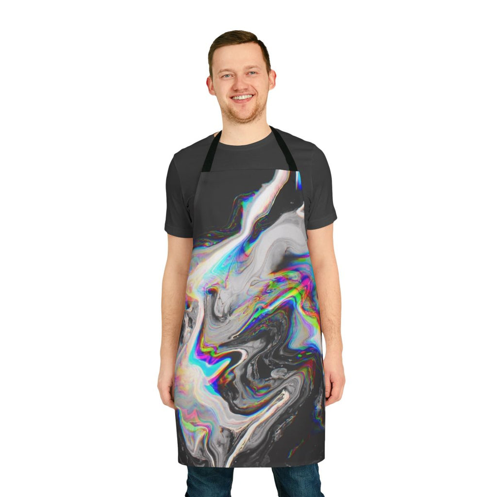 Colorful abstract art pattern printed on an apron with a trippy, psychedelic design.