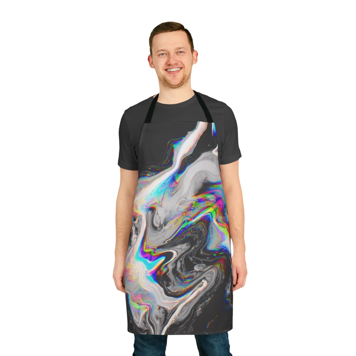 Colorful abstract art pattern printed on an apron with a trippy, psychedelic design.