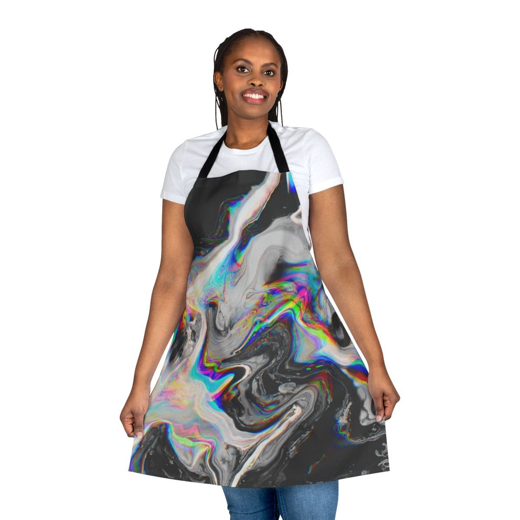 Colorful abstract art pattern printed on an apron with a trippy, psychedelic design.