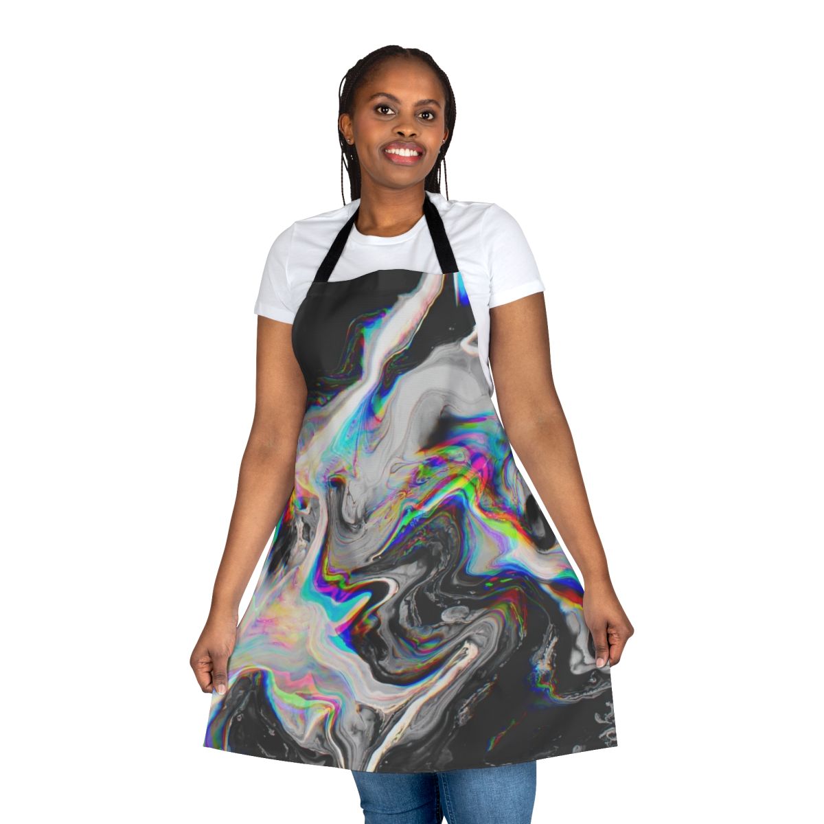 Colorful abstract art pattern printed on an apron with a trippy, psychedelic design.