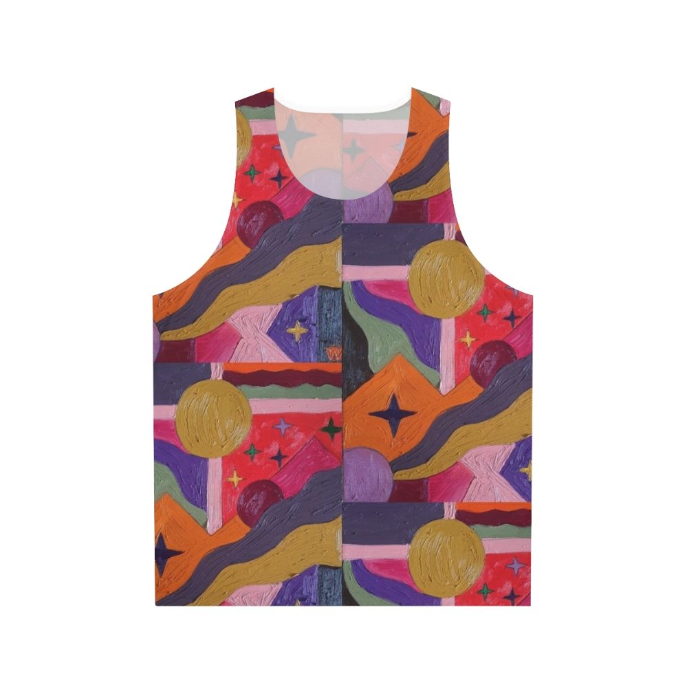 Vibrant abstract art unisex tank top with geometric designs