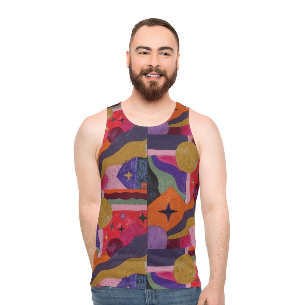 Vibrant abstract art unisex tank top with geometric designs