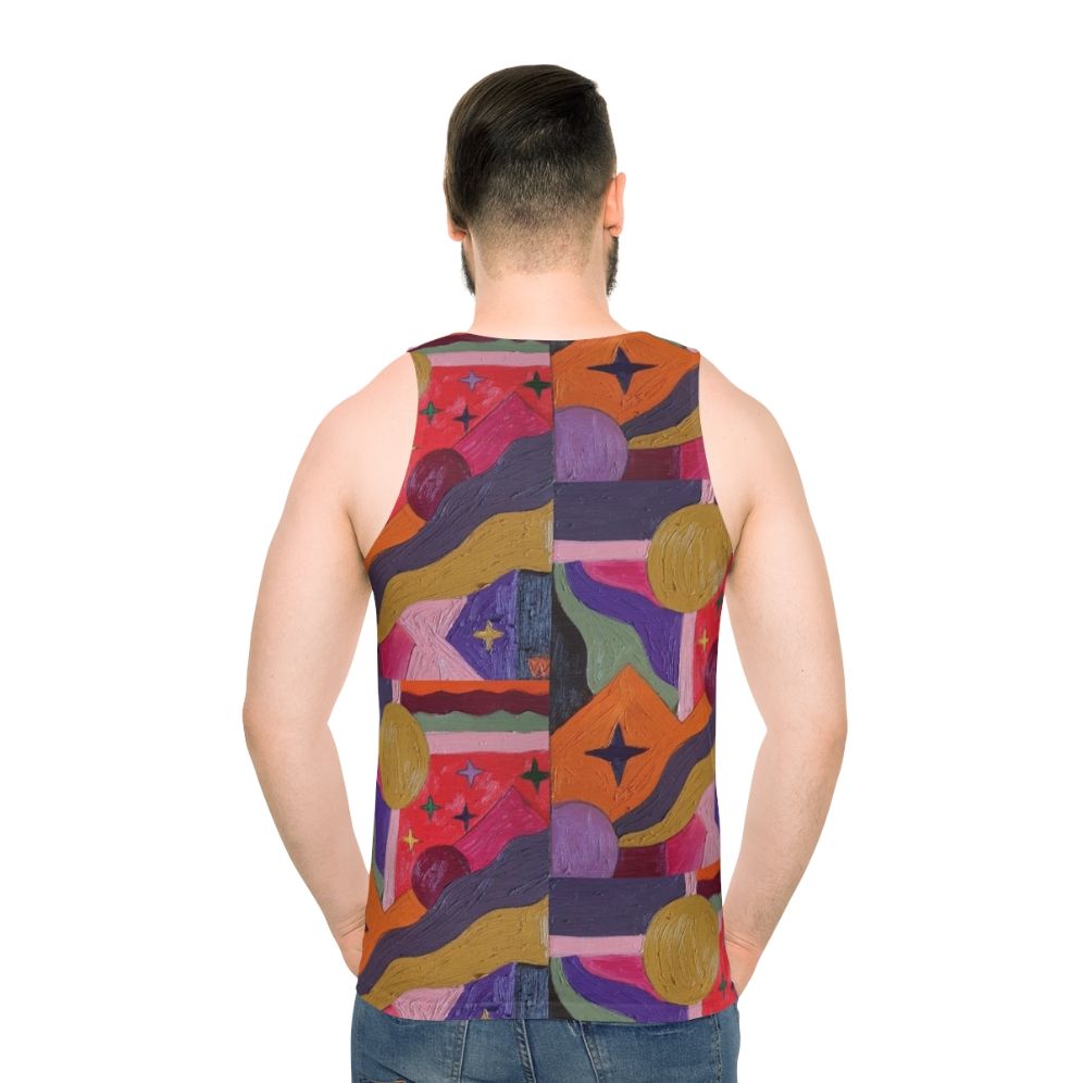 Vibrant abstract art unisex tank top with geometric designs