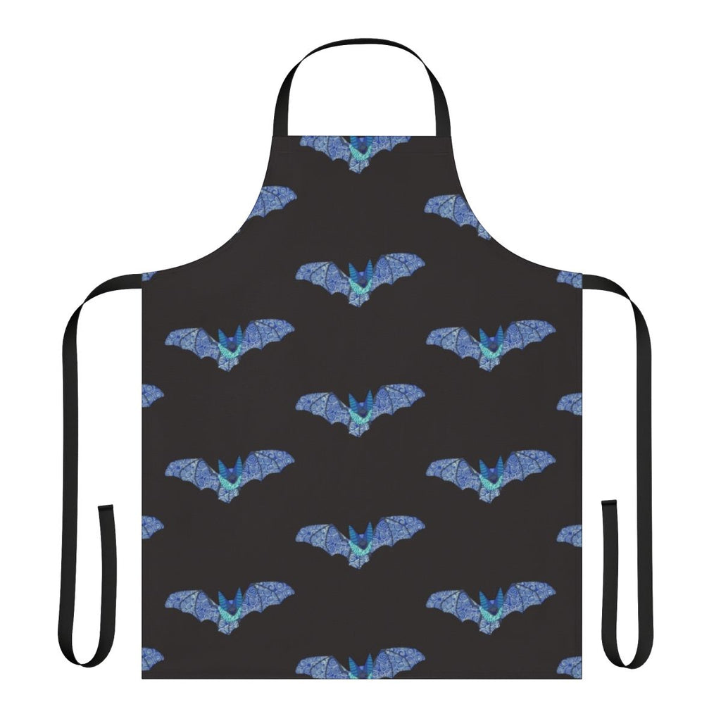 Colorful abstract design of a leaping bat on a blue, yellow, and teal apron