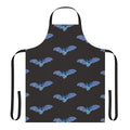 Colorful abstract design of a leaping bat on a blue, yellow, and teal apron