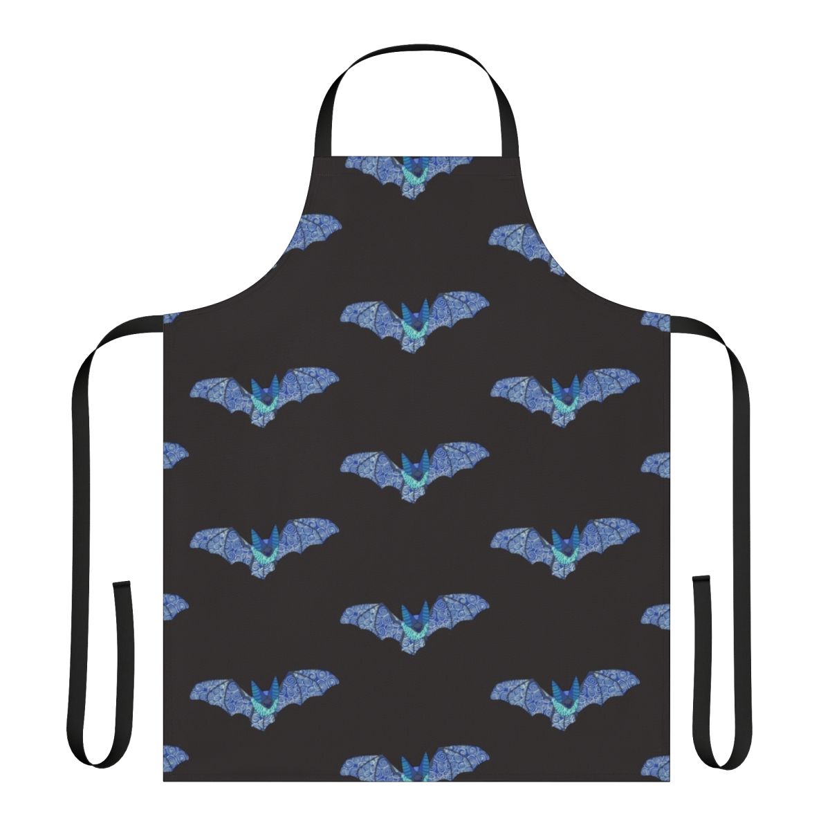 Colorful abstract design of a leaping bat on a blue, yellow, and teal apron