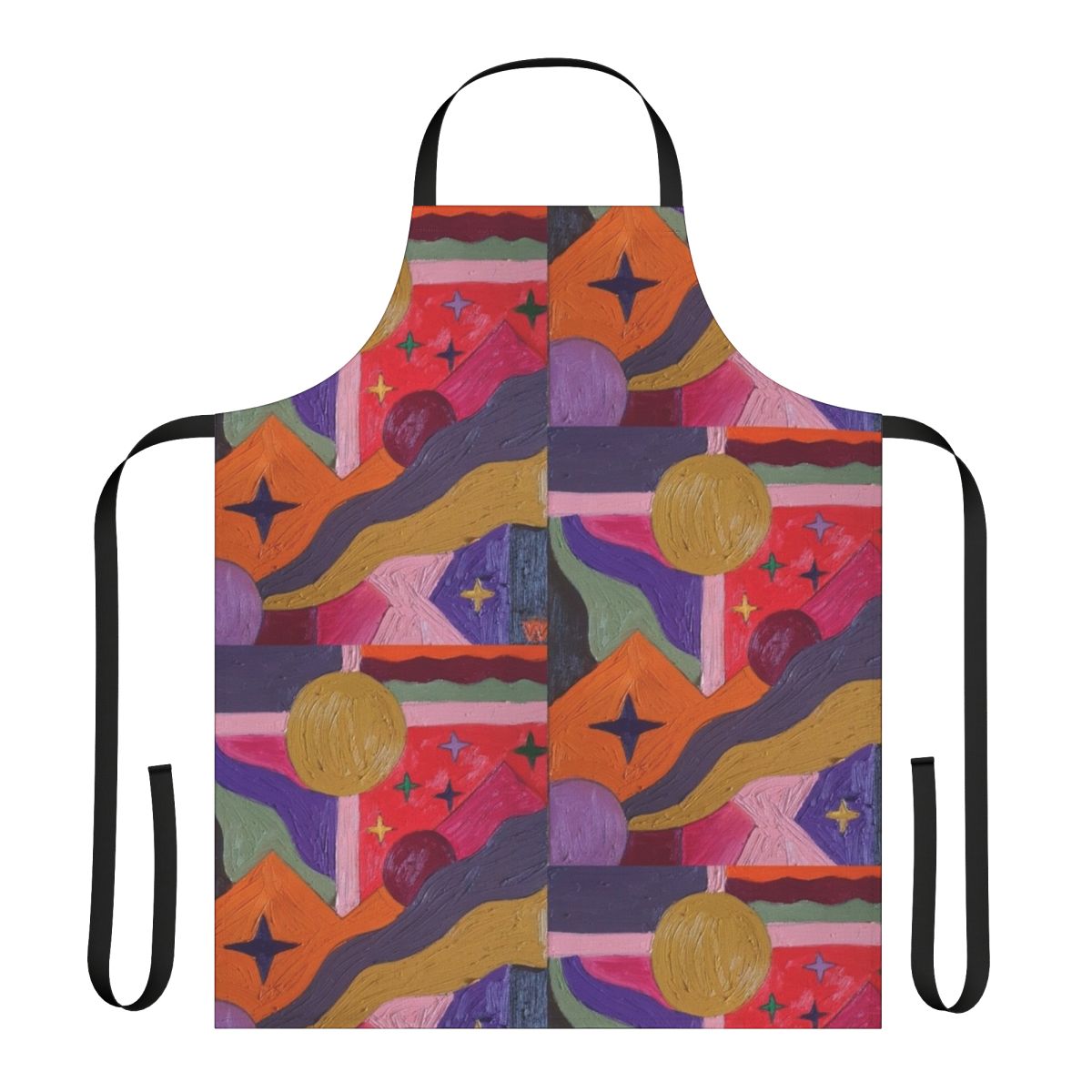 Colorful abstract pattern apron with geometric shapes and bold colors