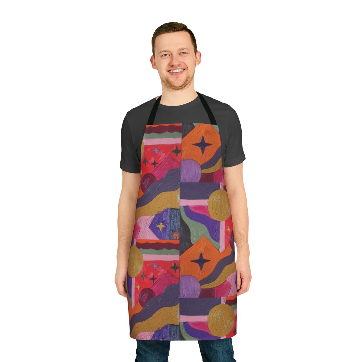 Colorful abstract pattern apron with geometric shapes and bold colors