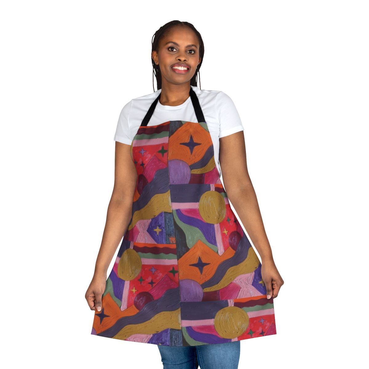 Colorful abstract pattern apron with geometric shapes and bold colors
