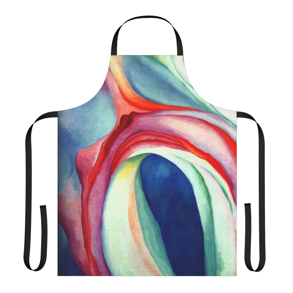 Apron featuring abstract floral painting in pink and blue colors, inspired by the artwork of Georgia O'Keeffe.