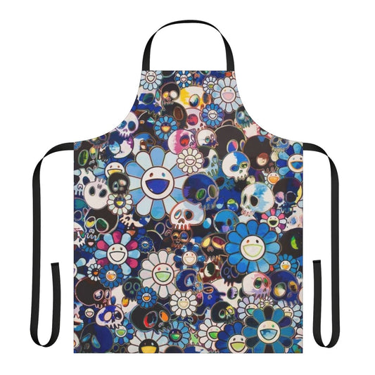Colorful abstract floral design inspired by the artwork of Takashi Murakami, printed on a high-quality kitchen apron.