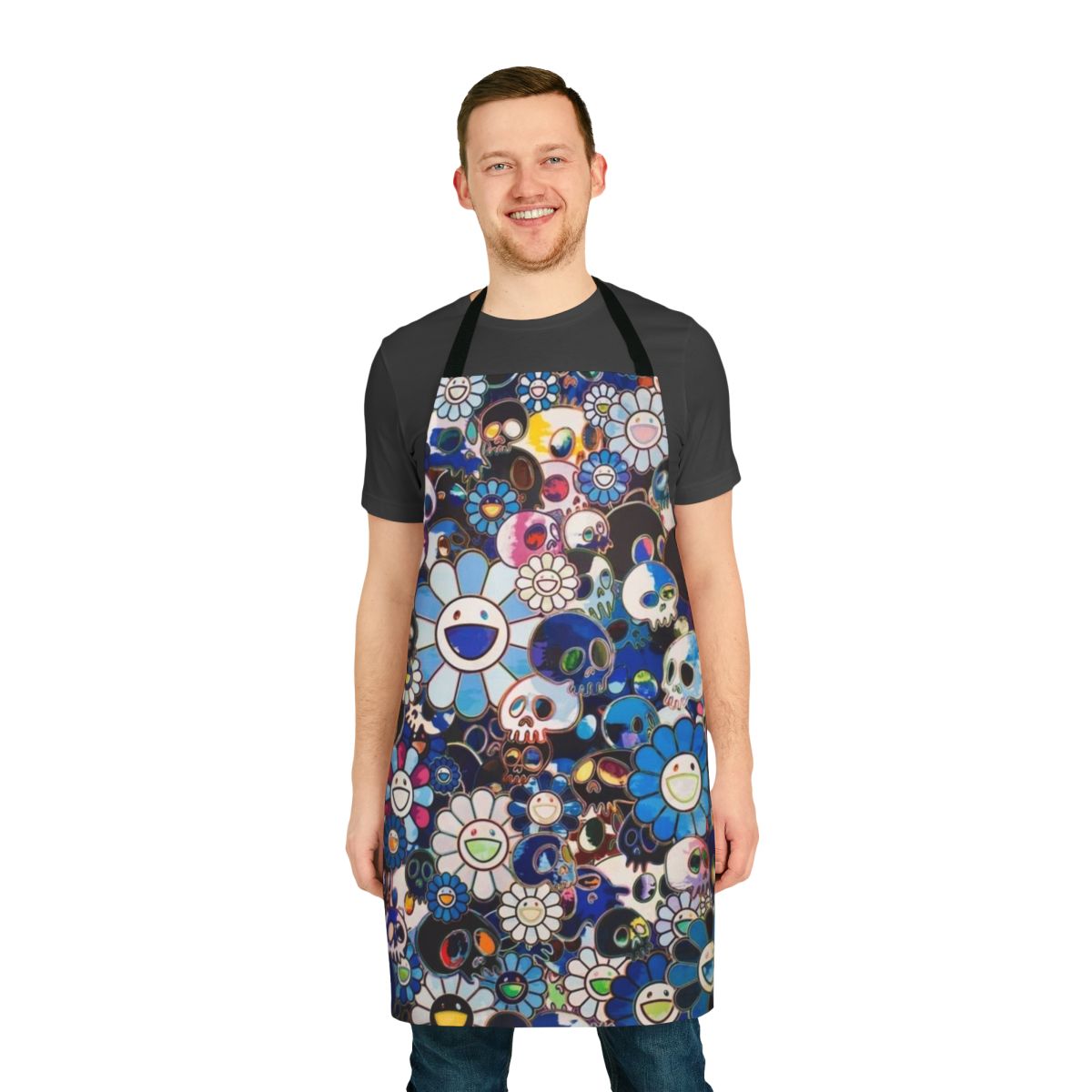 Colorful abstract floral design inspired by the artwork of Takashi Murakami, printed on a high-quality kitchen apron.