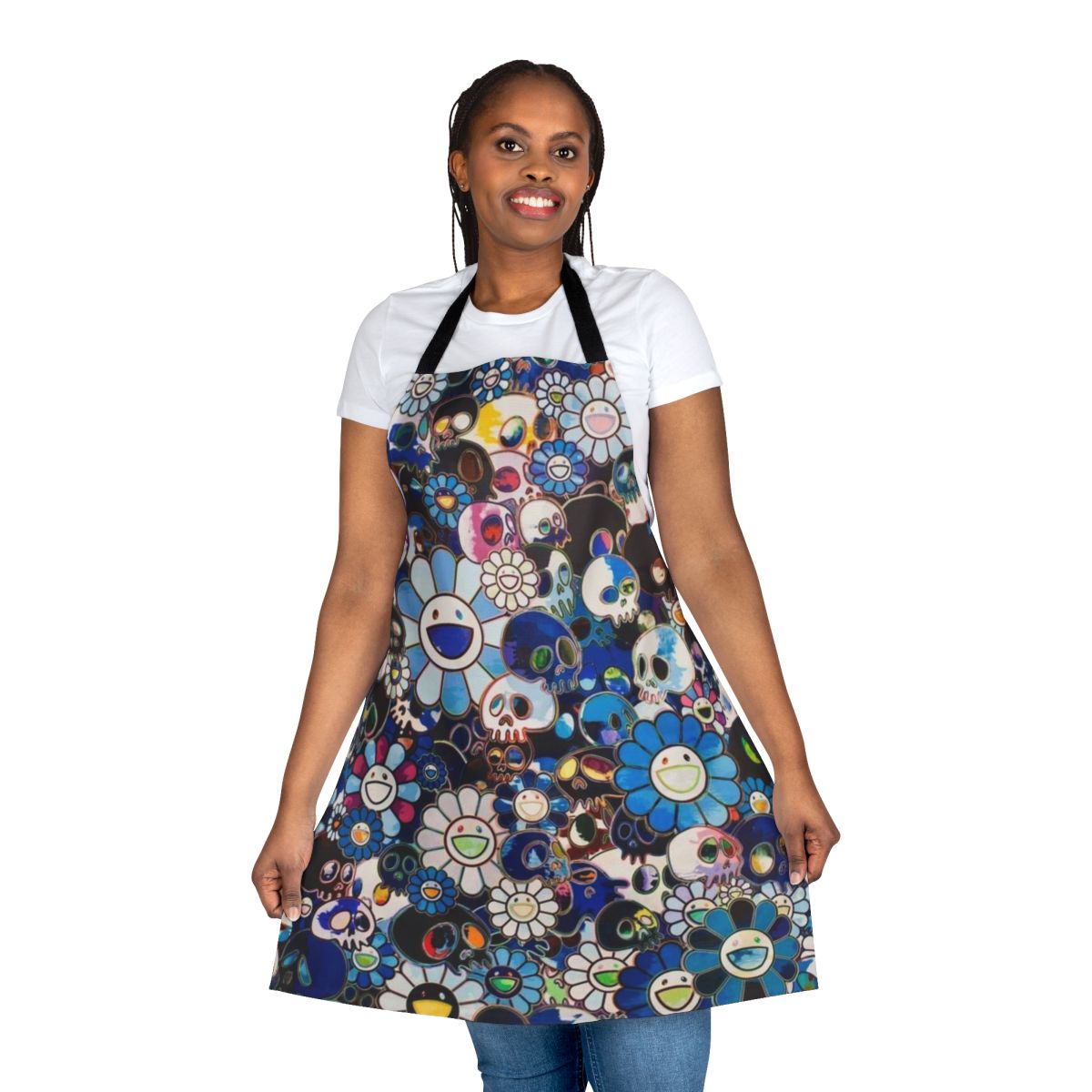 Colorful abstract floral design inspired by the artwork of Takashi Murakami, printed on a high-quality kitchen apron.