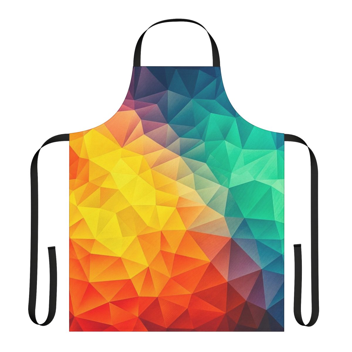 Colorful abstract geometric apron with triangles and low poly shapes in a modern, minimalist design.
