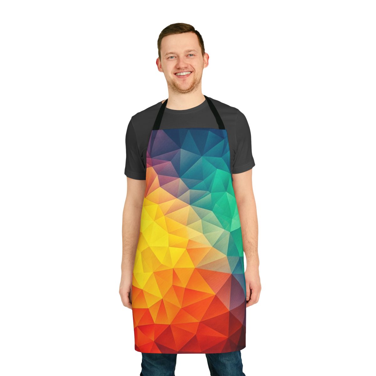 Colorful abstract geometric apron with triangles and low poly shapes in a modern, minimalist design.
