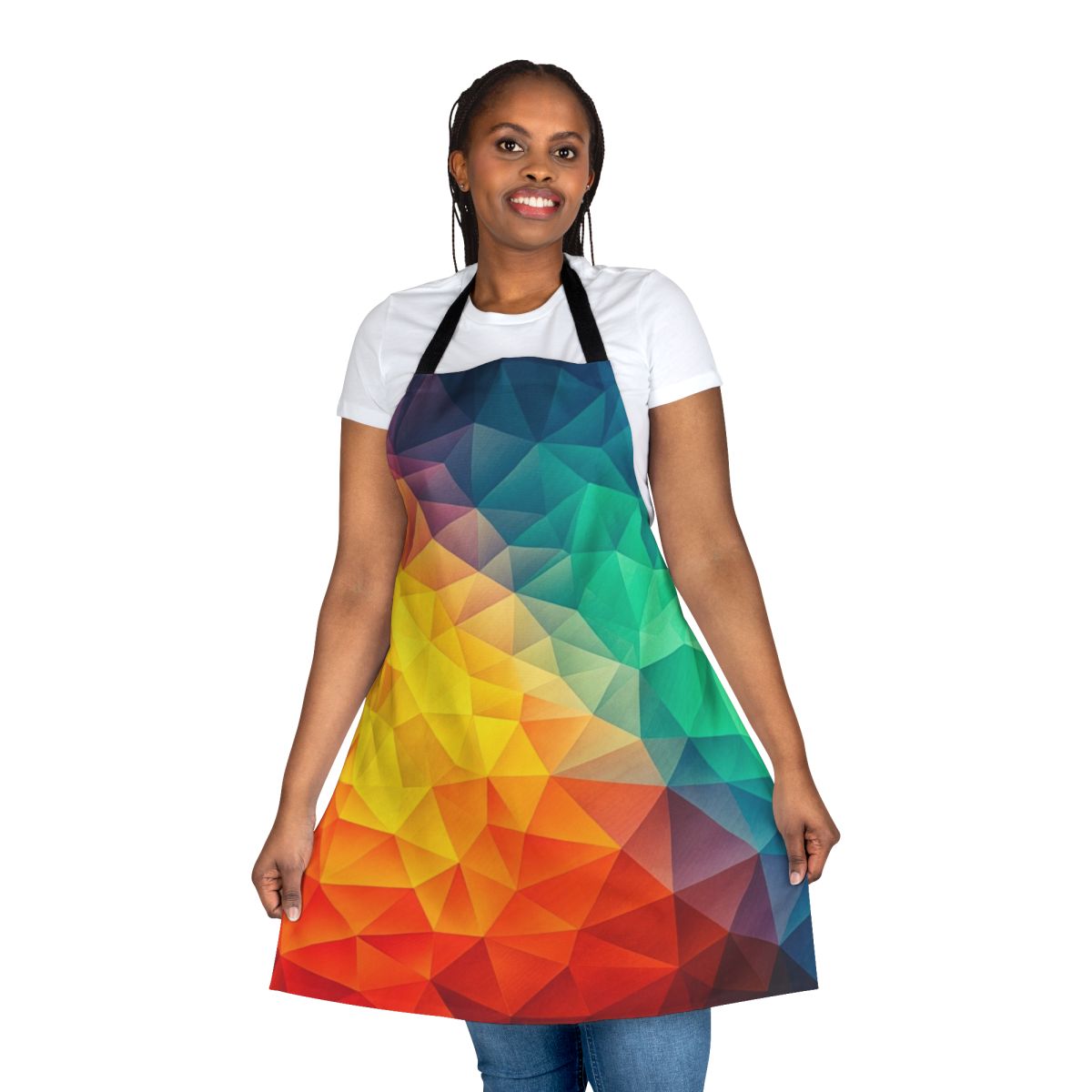Colorful abstract geometric apron with triangles and low poly shapes in a modern, minimalist design.