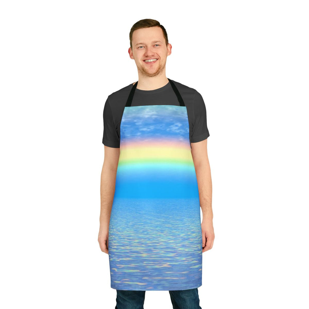 Multicolored abstract patterned apron with a rainbow design, ideal for the kitchen