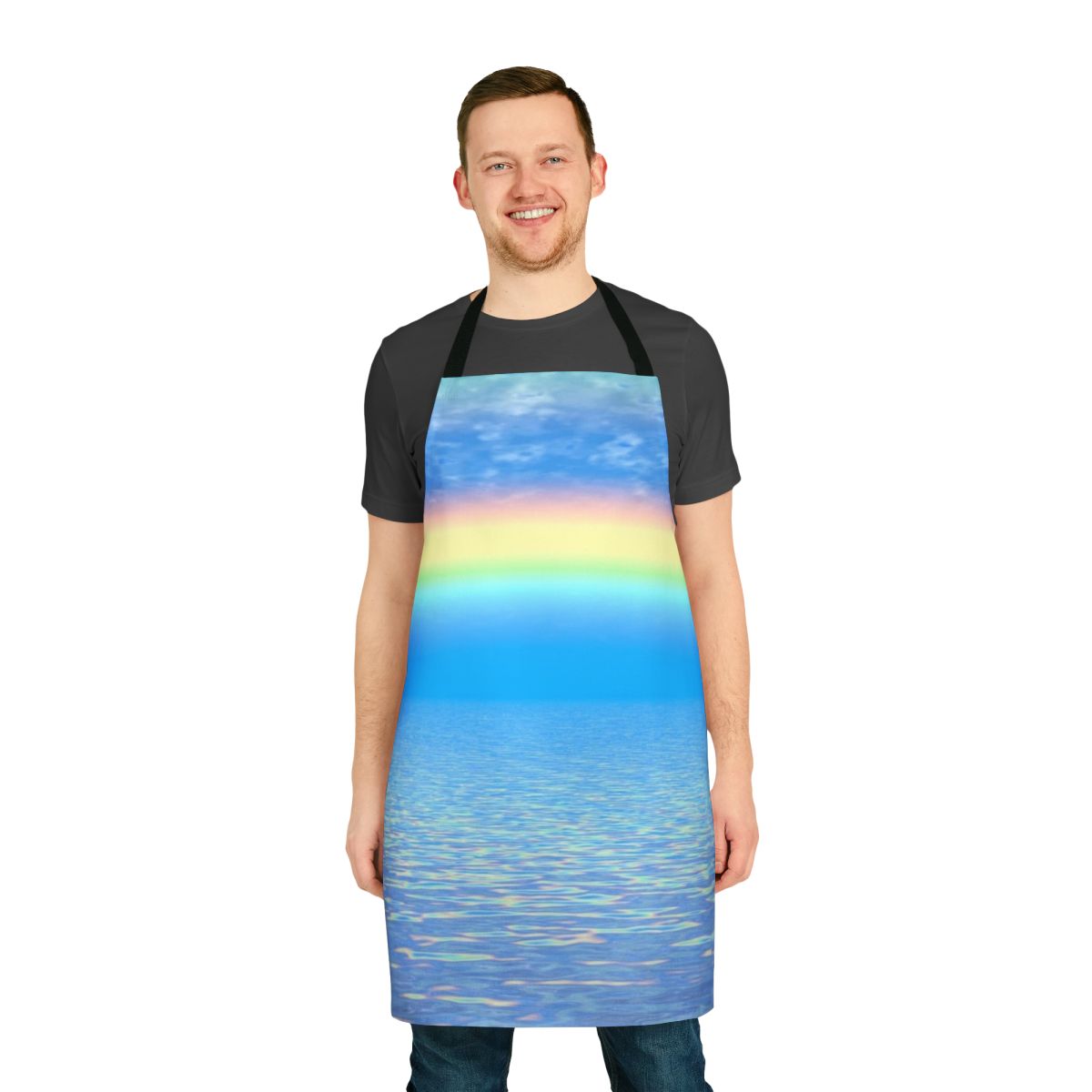 Multicolored abstract patterned apron with a rainbow design, ideal for the kitchen