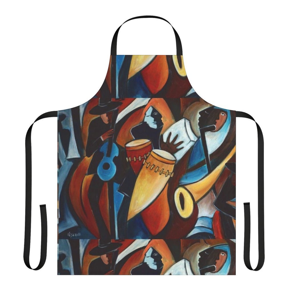 A colorful and artistic apron featuring bold, rhythmic patterns inspired by jazz and Latin music.