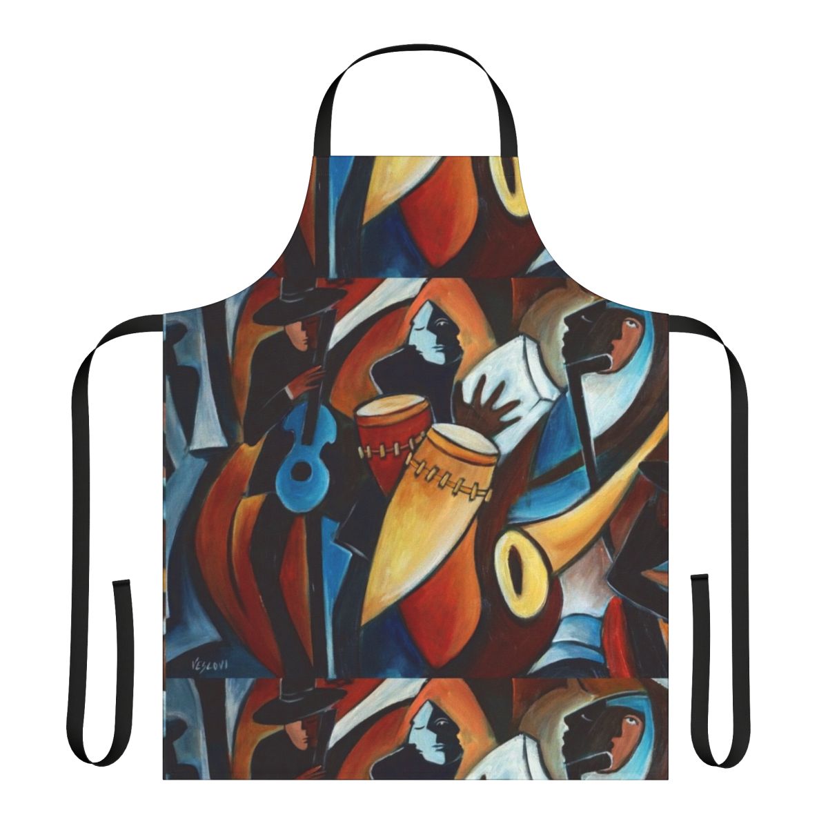 A colorful and artistic apron featuring bold, rhythmic patterns inspired by jazz and Latin music.