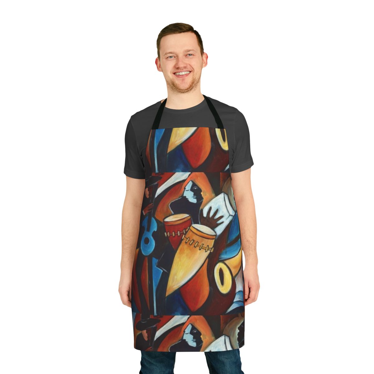 A colorful and artistic apron featuring bold, rhythmic patterns inspired by jazz and Latin music.
