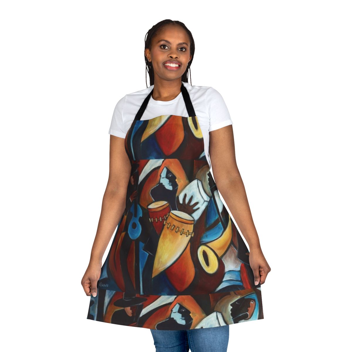 A colorful and artistic apron featuring bold, rhythmic patterns inspired by jazz and Latin music.
