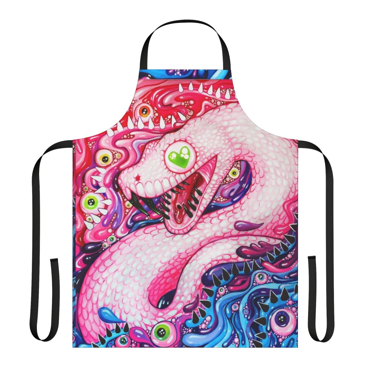 Colorful acrylic painting of a snake with glitter and rainbow details on an apron