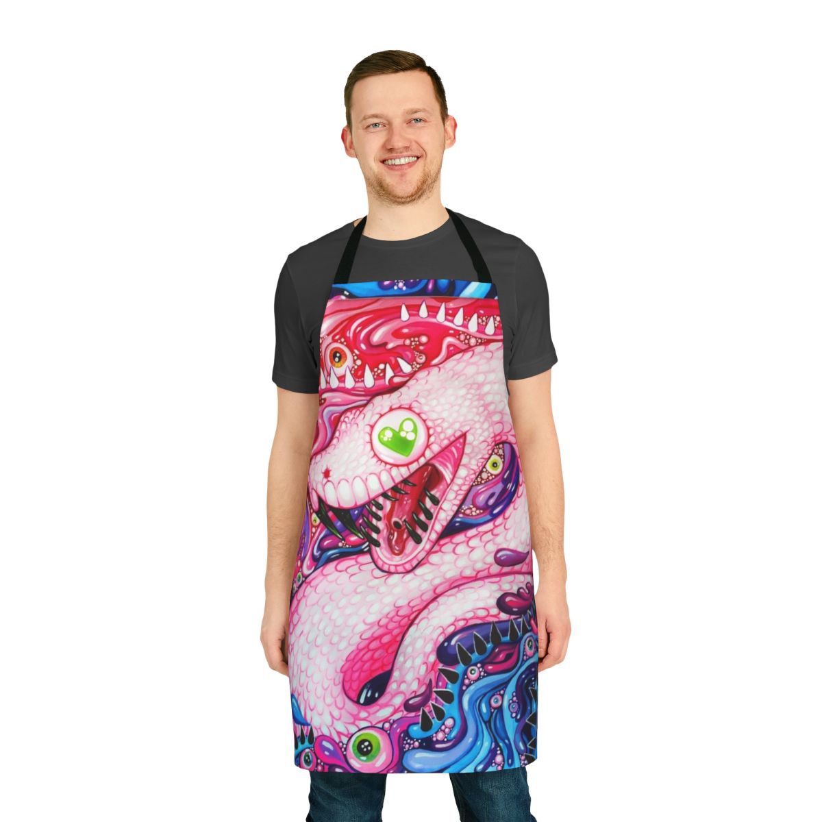 Colorful acrylic painting of a snake with glitter and rainbow details on an apron
