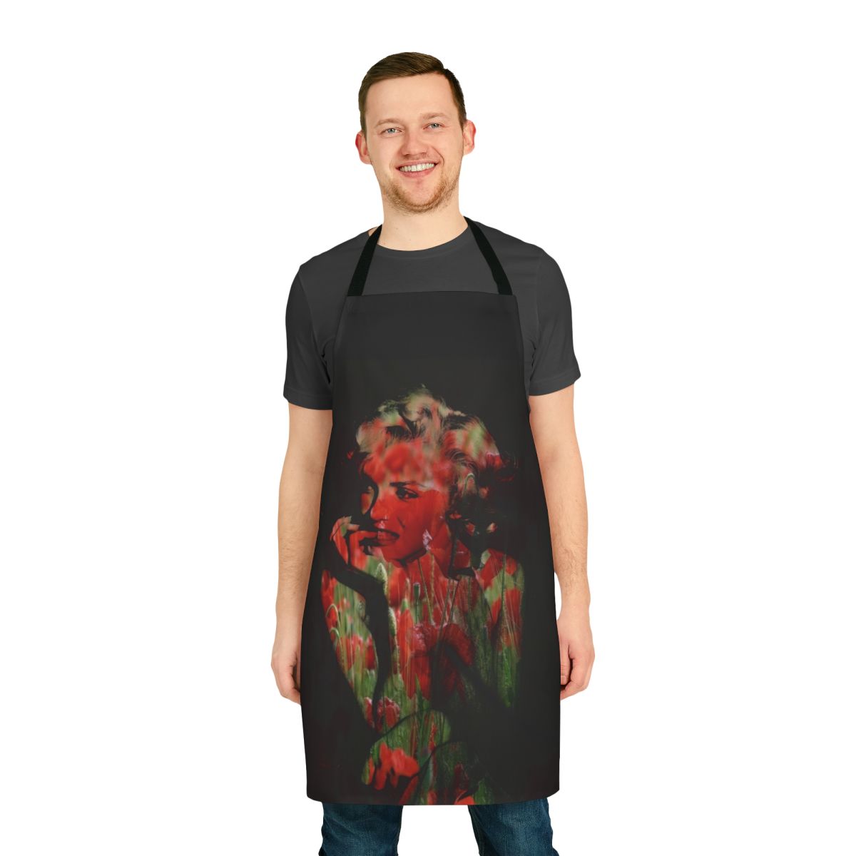 Colorful abstract floral apron with Marilyn Monroe-inspired addiction motif