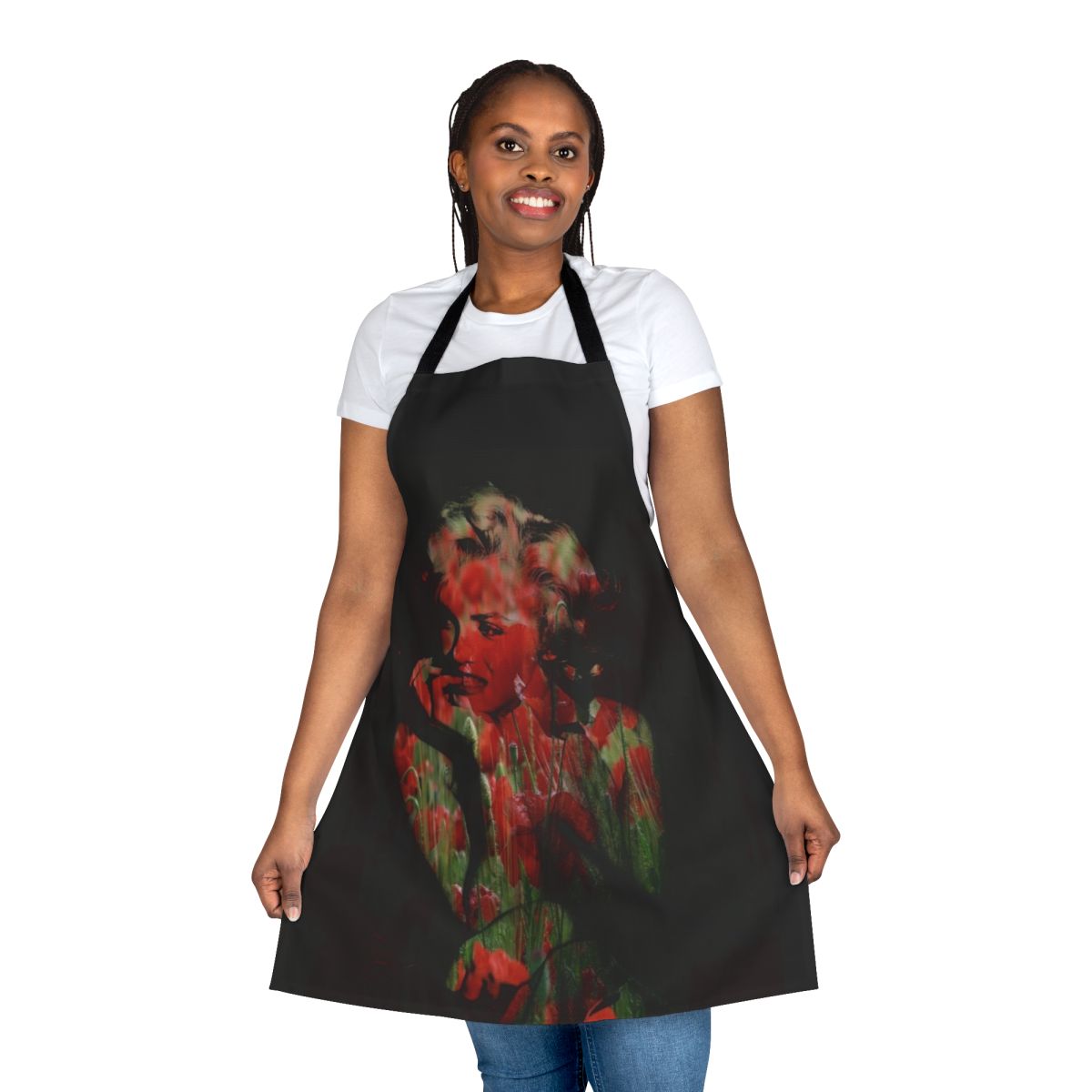Colorful abstract floral apron with Marilyn Monroe-inspired addiction motif