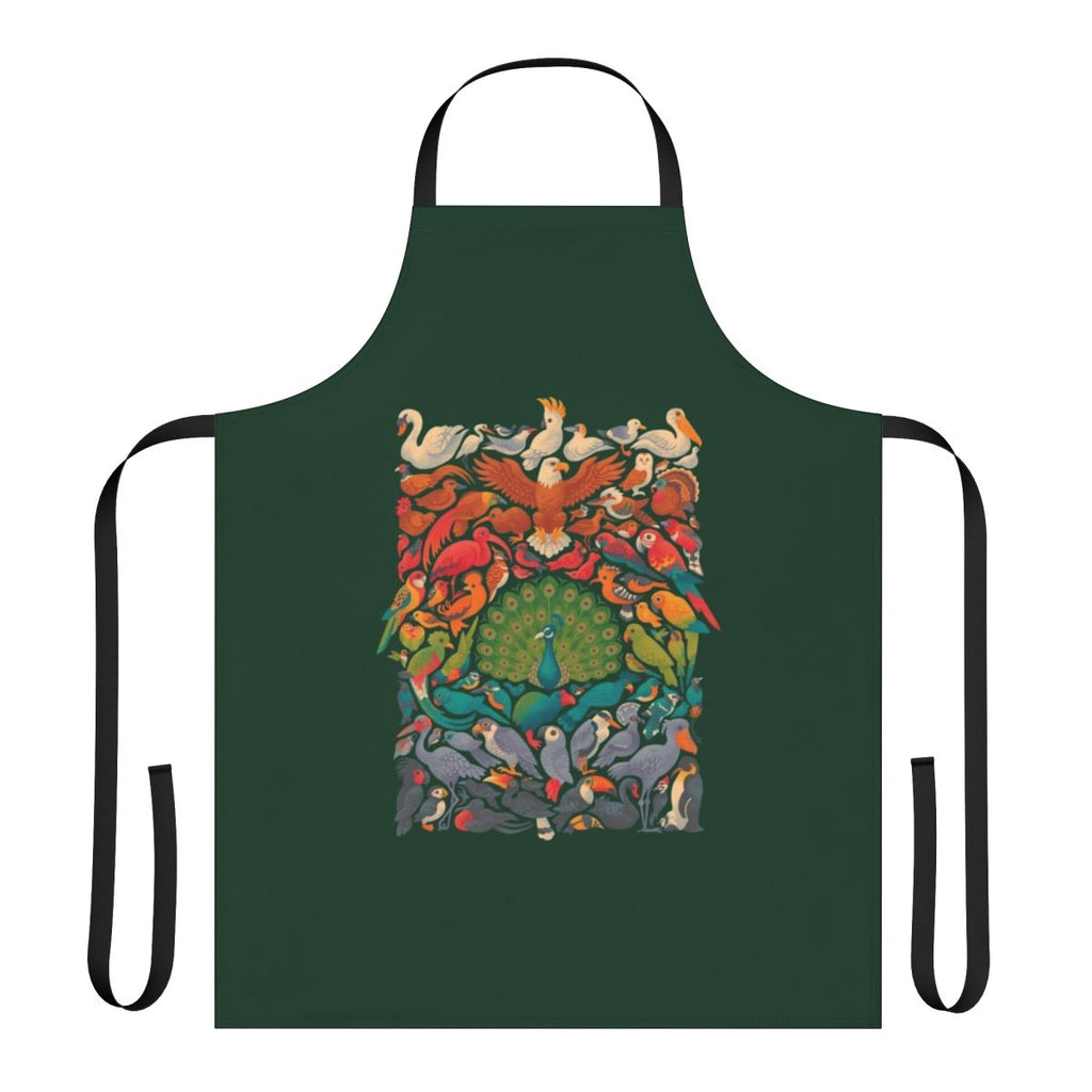 Vibrant green apron with colorful bird and nature illustrations