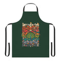 Vibrant green apron with colorful bird and nature illustrations