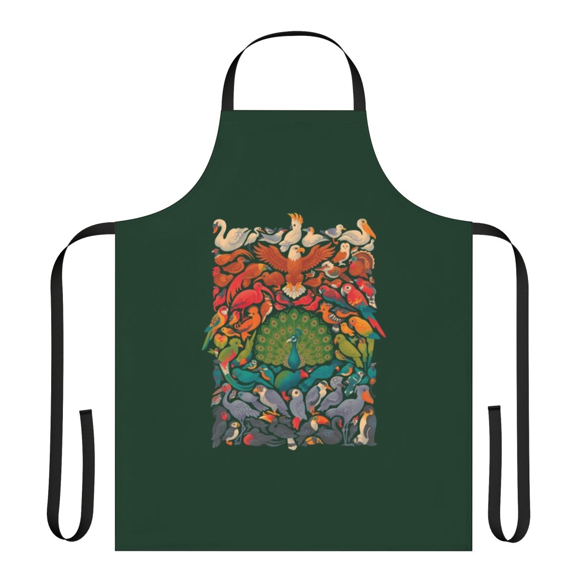 Vibrant green apron with colorful bird and nature illustrations