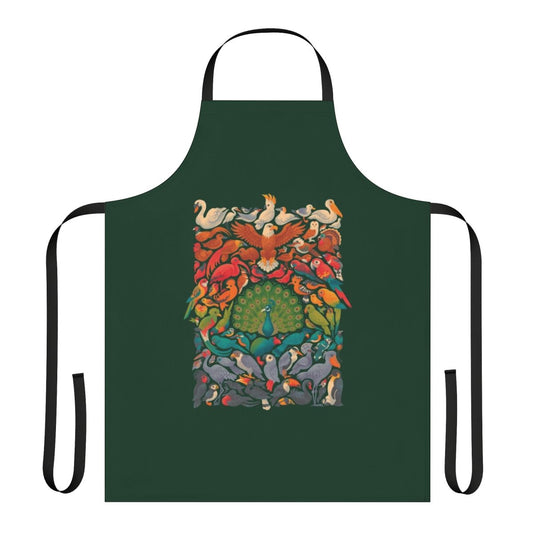 Vibrant green apron with colorful bird and nature illustrations