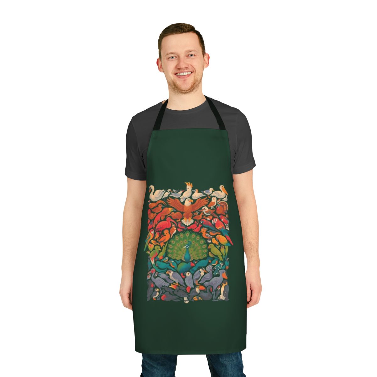Vibrant green apron with colorful bird and nature illustrations