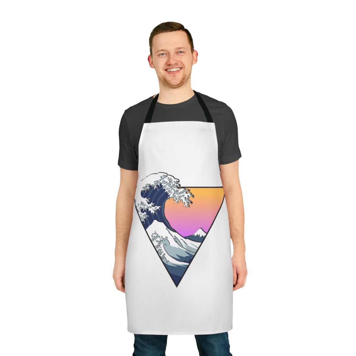 Apron with a vibrant, faded gradient design inspired by the famous "Great Wave off Kanagawa" woodblock print by Hokusai