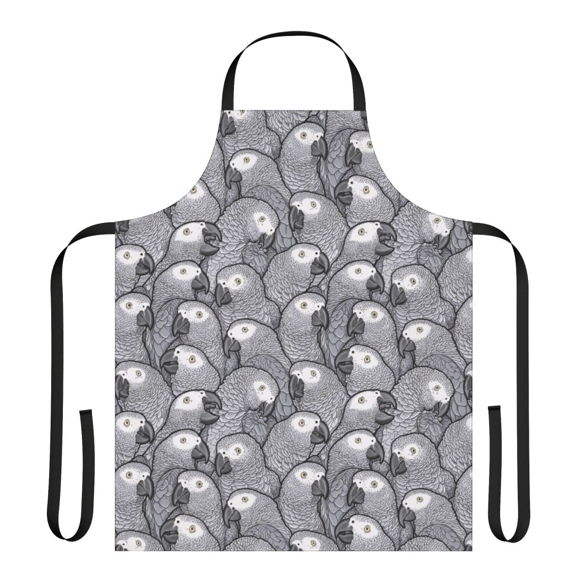 An apron featuring a vibrant pattern of african grey parrots in their natural habitat.