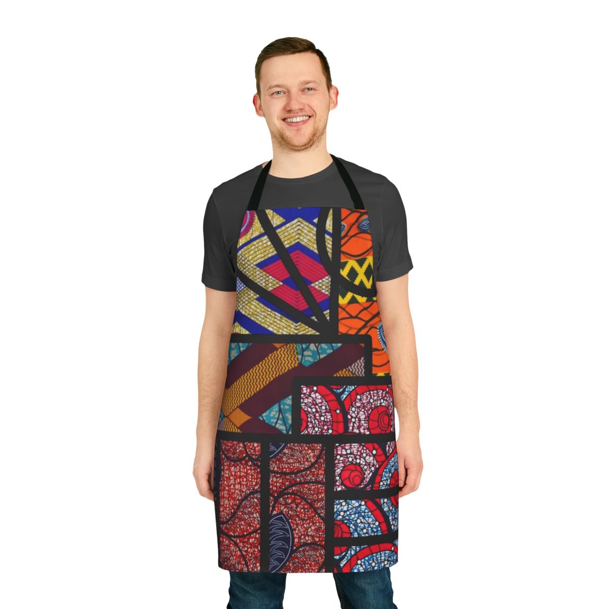 Colorful African print apron with abstract, pop art, and graphic design elements