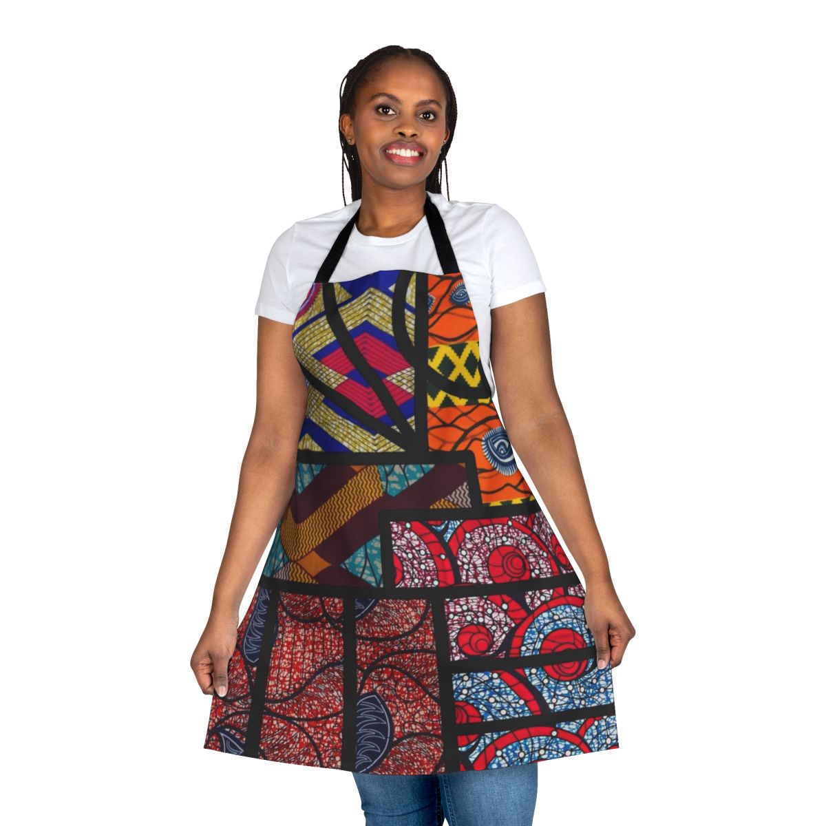 Colorful African print apron with abstract, pop art, and graphic design elements